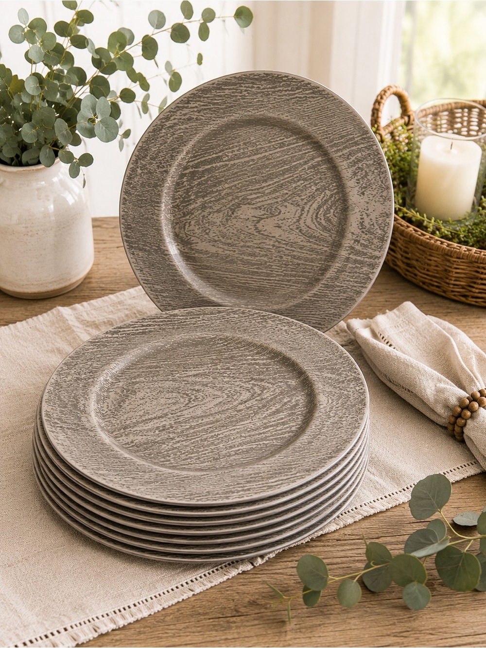 Set of 8‎ Gray Faux Wood Charger Plates 13” Plastic Rustic Farmhouse Table